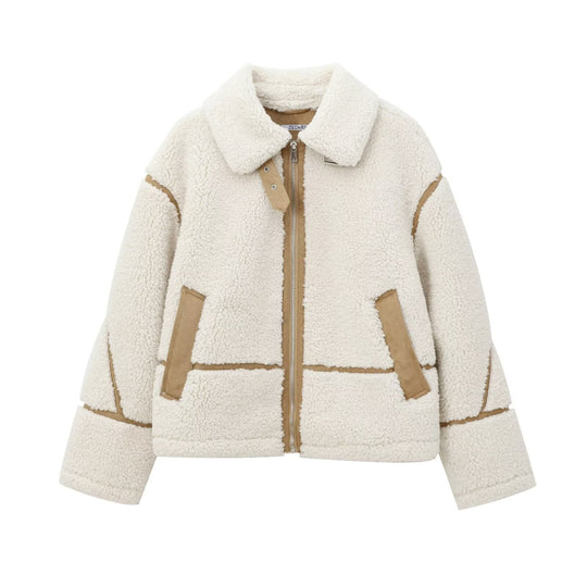 Damen Kurzjacke im Aviator-Look mit Teddyfutter, Kunstlederbesatz und asymmetrischem Reißverschluss Nord Taschen