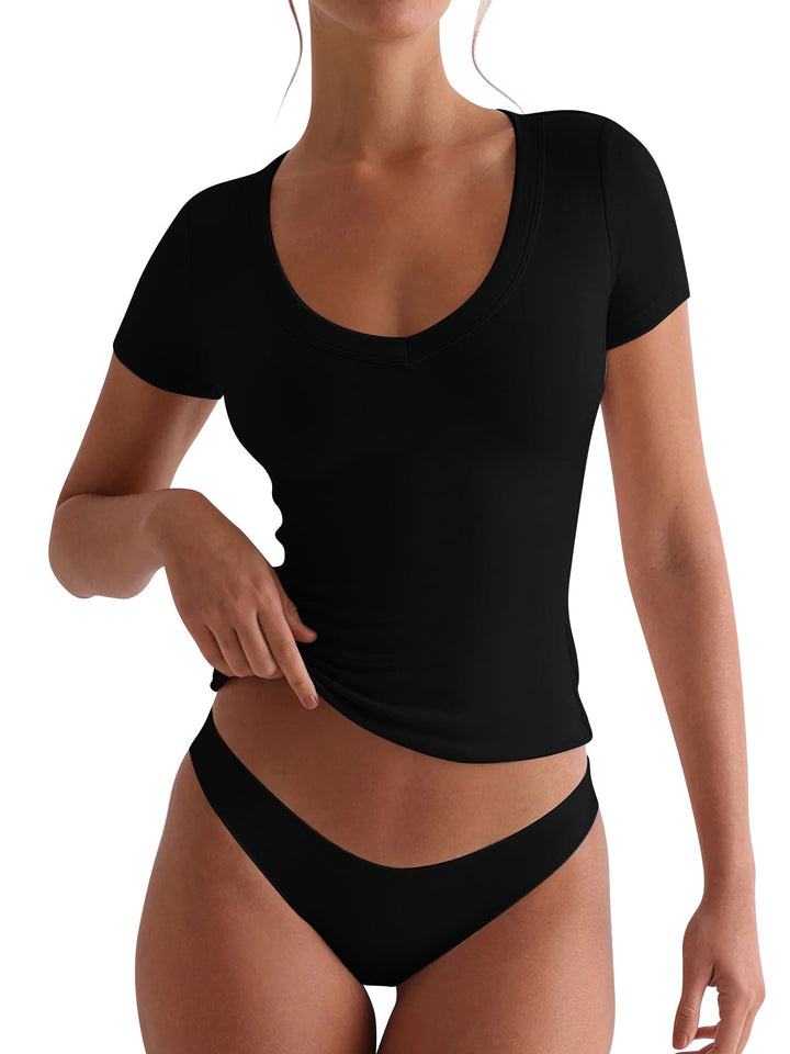Damen figurbetontes V-Neck T-Shirt mit kurzen Ärmeln