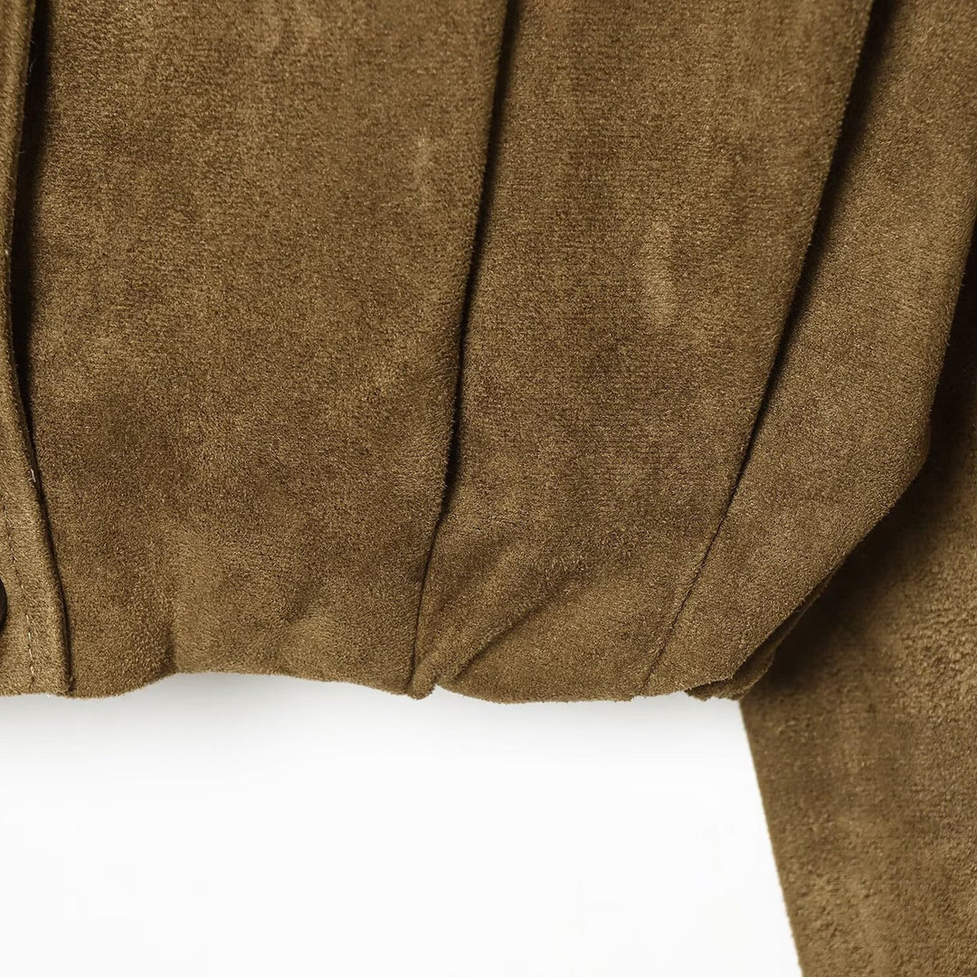 Damen Kurzgeschnittene doppelreihige Wildlederoptik‑Jacke mit Stehkragen und Schulterpatten Nord Taschen