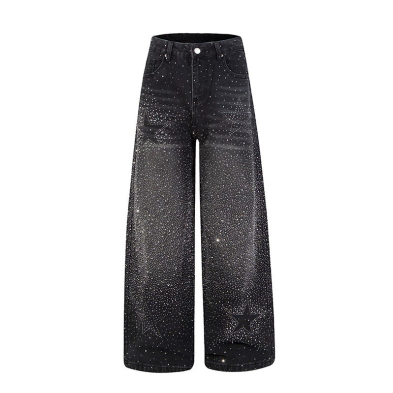 Damen Weite hochgeschnittene Palazzo-Jeans mit Glitzereffekt und Used-Waschung Nord Taschen