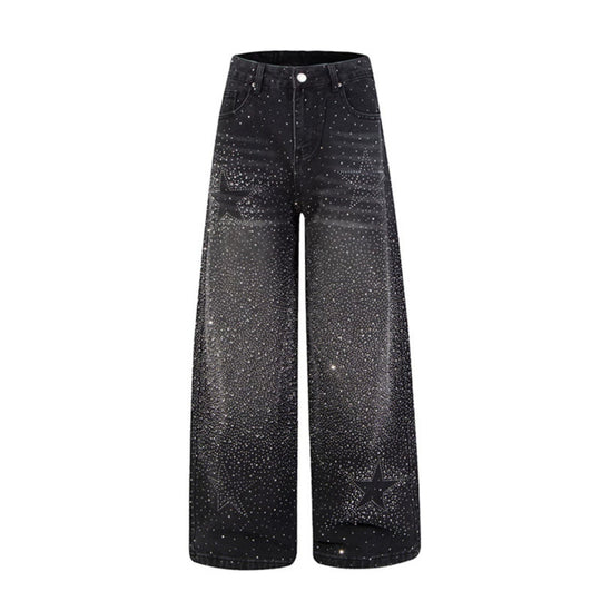 Damen Weite hochgeschnittene Palazzo-Jeans mit Glitzereffekt und Used-Waschung Nord Taschen