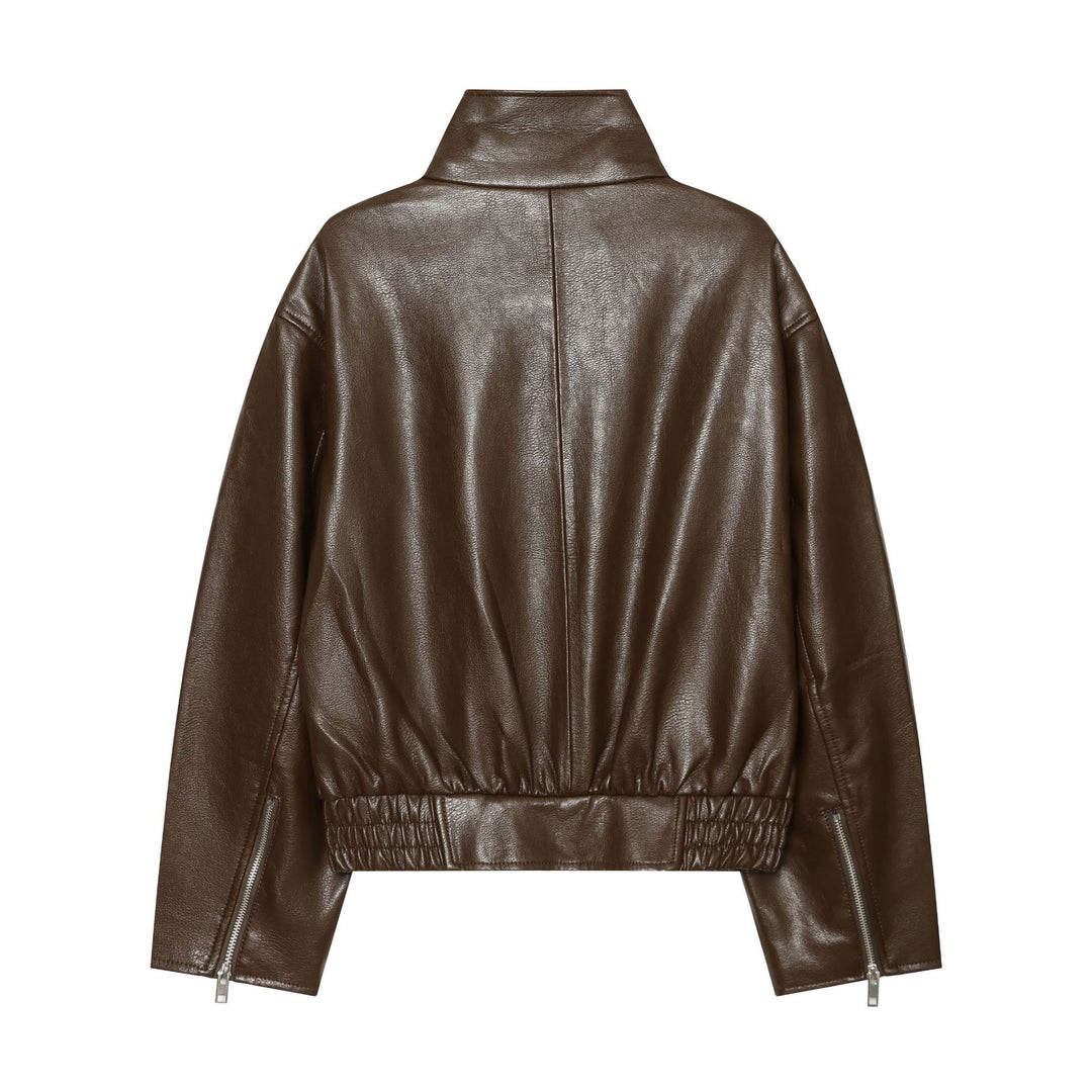 Damen Kurz geschnittene Lederoptik‑Blousonjacke mit Funnelkragen, asymmetrischem Reißverschluss und smocked Bund Nord Taschen