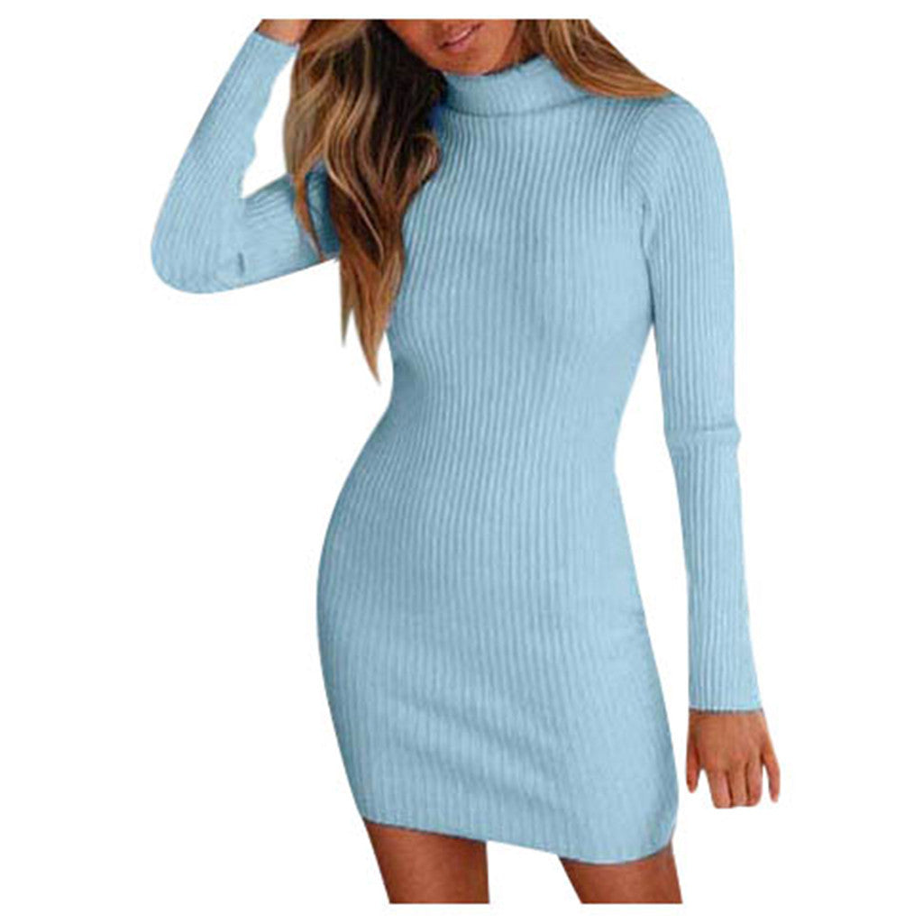 Damen Enganliegendes geripptes Strick-Minikleid mit Rollkragen und langen Ärmeln Nord Taschen