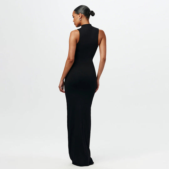 Damen Elegantes Maxikleid mit hochgeschlossenem Kragen und Drapierung Nord Taschen