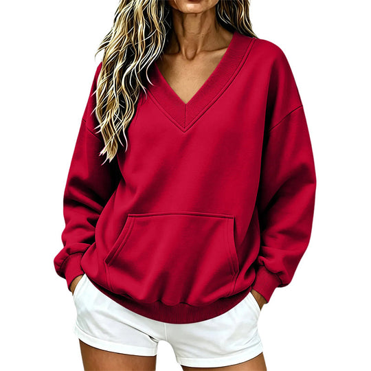 Damen Oversize V-Ausschnitt Sweatshirt mit Kängurutasche und geripptem Saum Nord Taschen