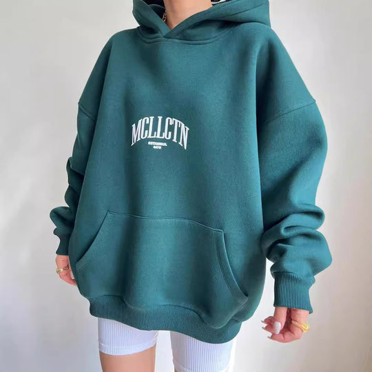 Damen Oversize Kapuzenpullover mit Grafikprint auf dem Rücken Nord Taschen