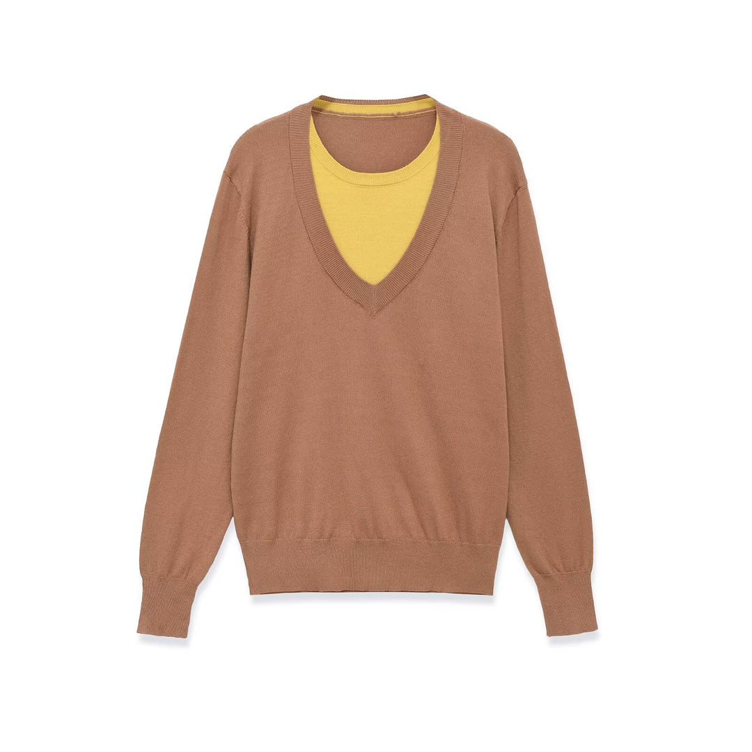 Damen Feiner V-Ausschnitt-Strickpullover mit integriertem Kontrast-Layer Nord Taschen
