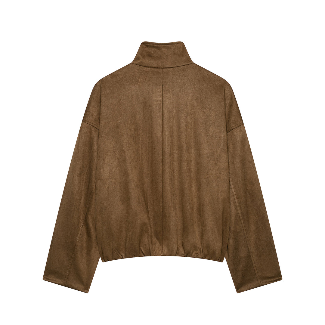 Damen Kurze Wildlederoptik-Fieldjacke mit Stehkragen, Pattentaschen und Schulterklappen Nord Taschen