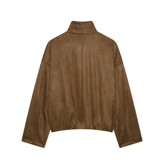 Damen Kurze Wildlederoptik-Fieldjacke mit Stehkragen, Pattentaschen und Schulterklappen Nord Taschen
