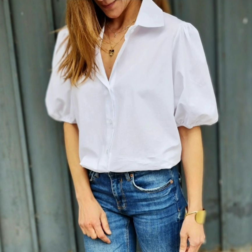 Damen Bluse mit Puffärmeln und klassischem Kragen