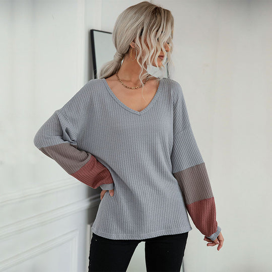 Damen Lockeres Waffelstrick-Shirt mit V‑Ausschnitt und Colorblock‑Ärmeln Nord Taschen