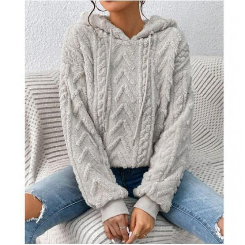 Damen Flauschiger Kapuzenpullover im Zopfmuster mit Oversize-Schnitt Nord Taschen