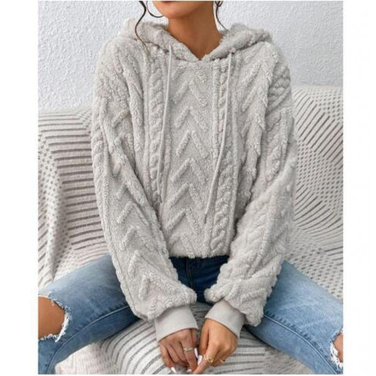 Damen Flauschiger Kapuzenpullover im Zopfmuster mit Oversize-Schnitt Nord Taschen
