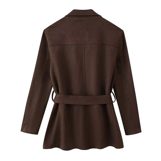 Damen Taillierter Wildlederoptik-Blazer mit Bindegürtel und aufgesetzten Taschen Nord Taschen