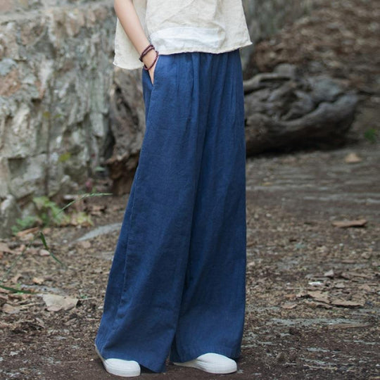 Damen weit geschnittene Leinenhose mit elastischem Bund und praktischen Taschen
