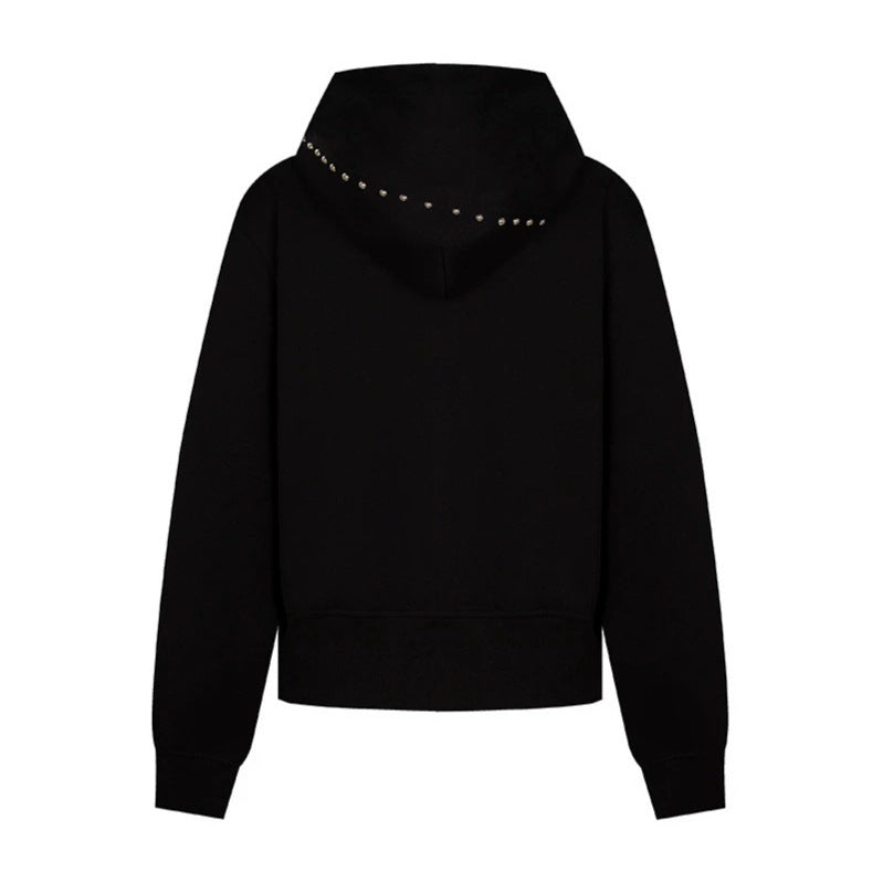 Damen Kapuzen-Sweatjacke mit Nietenbesatz, durchgehendem Reißverschluss und Kängurutaschen Nord Taschen