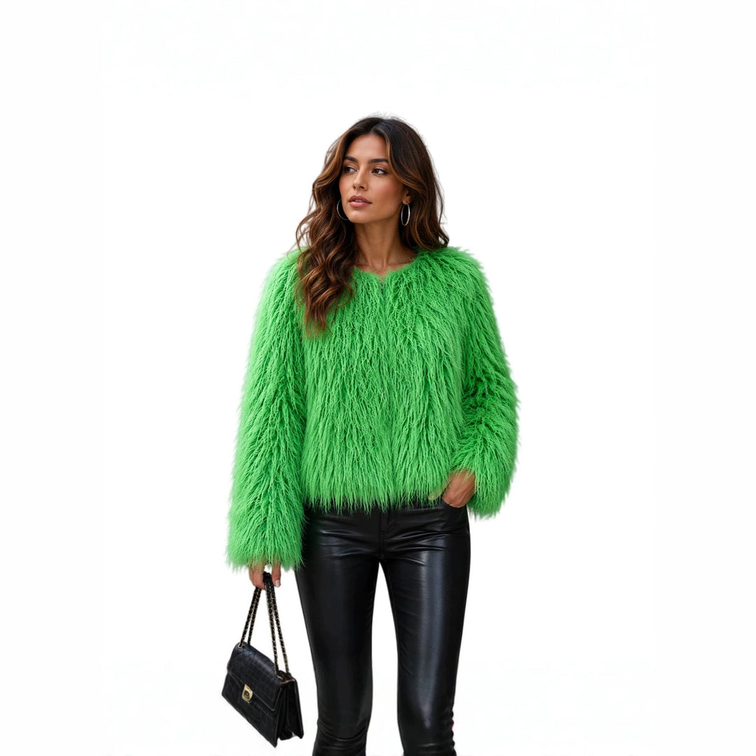 Damen Kurz geschnittene Shaggy‑Kunstpelzjacke mit rundem Ausschnitt, extraweichem Langhaar und legerer Passform Nord Taschen