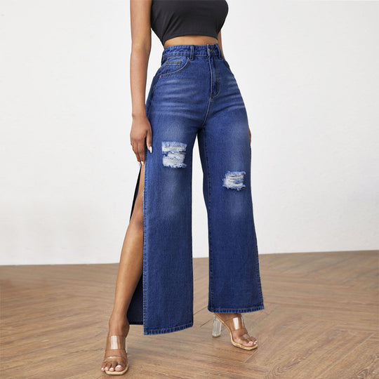 Damen hochgeschnittene Jeans mit weitem Bein, Knie-Rissen und seitlichen Beinschlitzen Nord Taschen