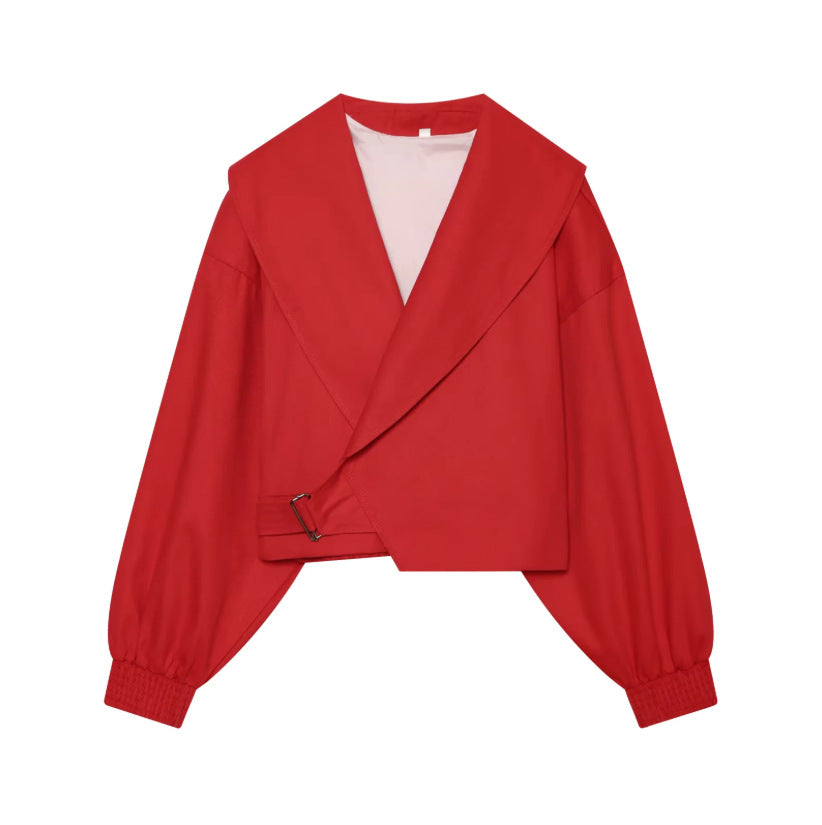 Damen Kurzjacke mit weitem Matrosenkragen, Ballonärmeln und asymmetrischer Schnallenverschluss Nord Taschen