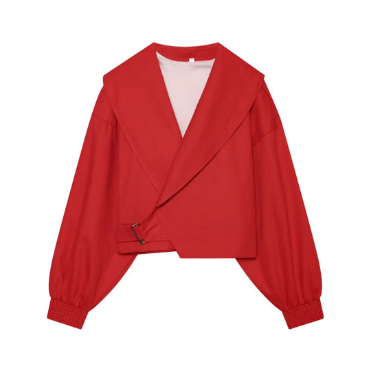 Damen Kurzjacke mit weitem Matrosenkragen, Ballonärmeln und asymmetrischer Schnallenverschluss Nord Taschen