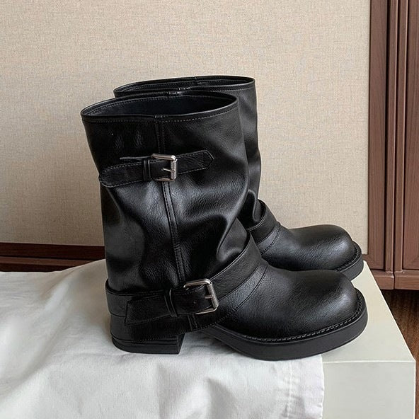 Damen Wadenhohe Bikerstiefel aus Glattleder mit Doppelschnallen und gerafftem Schaft Nord Taschen