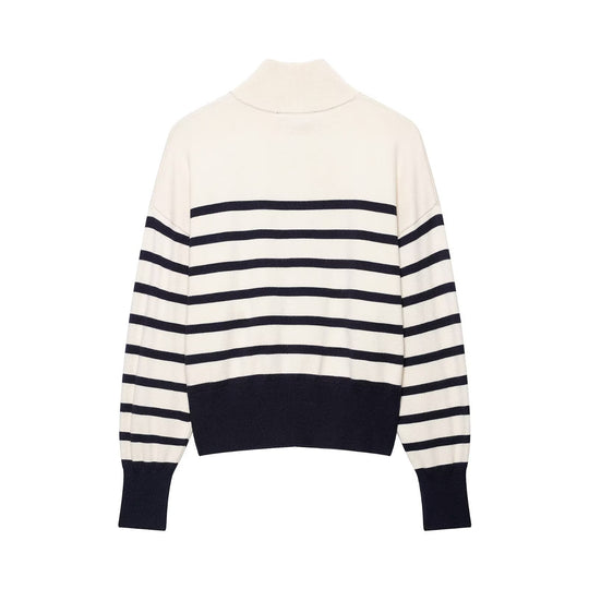 Damen Gestreifter Feinstrick-Pullover mit Stehkragen und Halbzip Nord Taschen