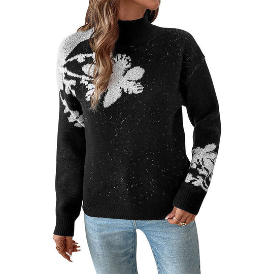 Damen Floraler Intarsia-Strickpullover mit Stehkragen und lockerer Silhouette Nord Taschen