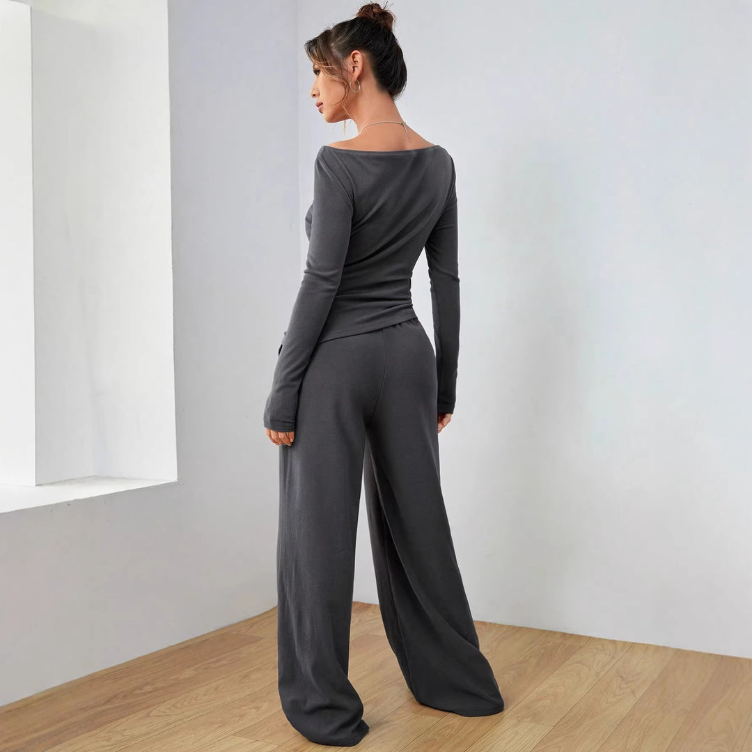 Damen Loungewear-Set aus weichfallendem Jersey mit U-Boot-Ausschnitt, tailliertem Longsleeve und weiter Palazzo-Hose Nord Taschen