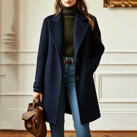 Damen Eleganter Wollmantel mit tailliertem Schnitt und Reverskragen Nord Taschen