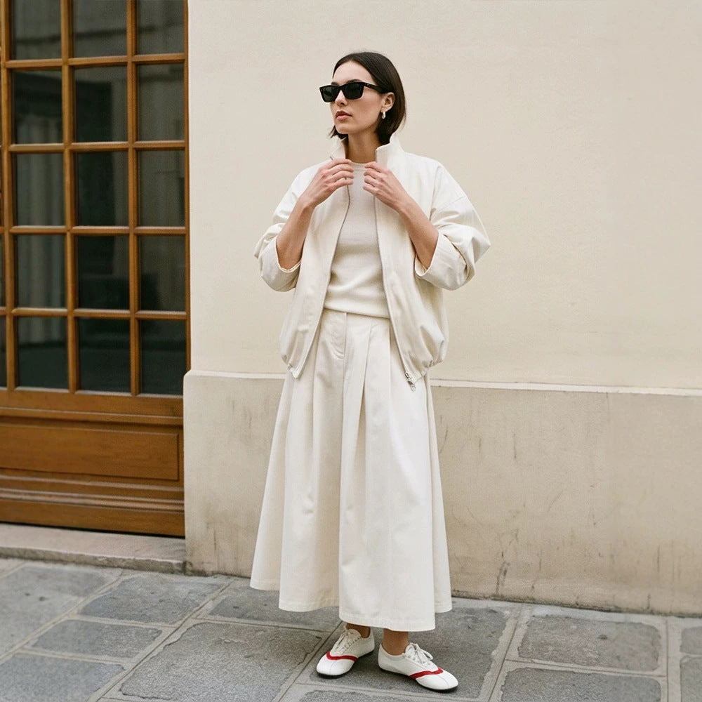 Damen Oversize Cropped-Blouson mit Tunnelzug und fließendem Maxi‑Rock mit Beinschlitz Nord Taschen