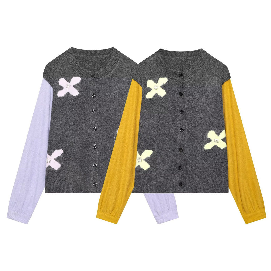Damen Strickcardigan mit Zierblüten‑Applikation und kontrastärmeln Nord Taschen