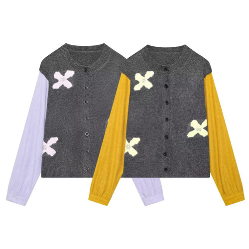 Damen Strickcardigan mit Zierblüten‑Applikation und kontrastärmeln Nord Taschen