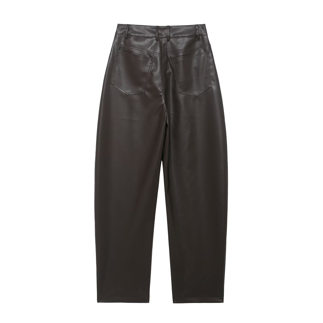 Damen Hochtaillierte Kunstlederhose mit weiter tapered Passform Nord Taschen