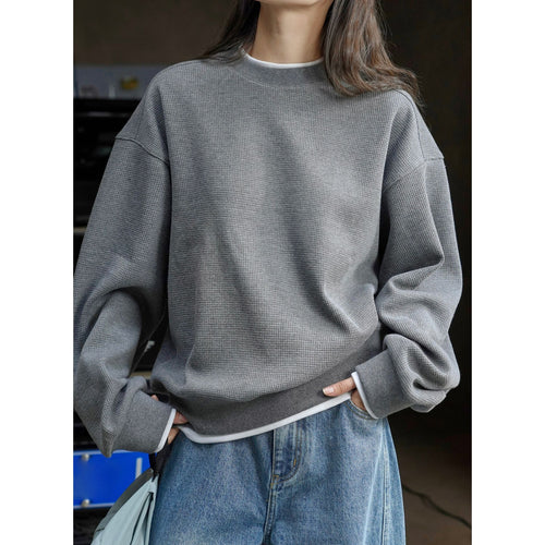 Damen Oversize Waffelstrick Sweatshirt mit Rundhals und überschnittenen Schultern Nord Taschen