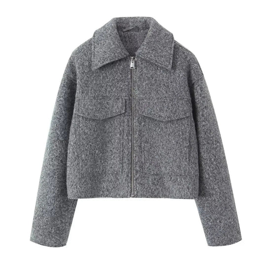 Damen Kurzjacke aus Bouclé-Wollmix mit Reißverschluss, Hemdkragen und Brustpattentaschen Nord Taschen