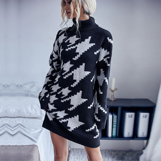 Damen Strick-Minikleid mit Hahnentritt-Jacquard, Rollkragen und taillenbetonter Gürteloptik Nord Taschen