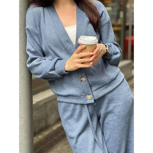 Damen Strick-Loungewear-Set mit V-Ausschnitt-Cardigan und weitem Kordelbund-Hose Nord Taschen