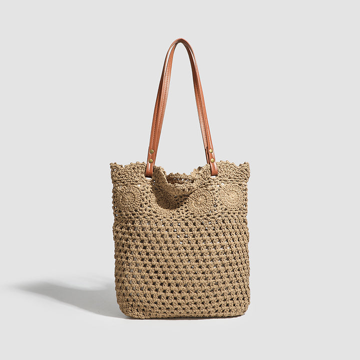 Damen Stricktasche mit elegantem Kunstledergriff und dekorativem Häkeldesign Nord Taschen