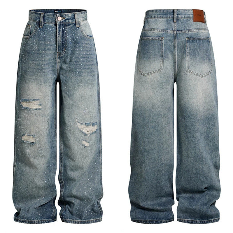 Damen Weite High‑Waist Denim-Palazzo-Jeans mit Destroyed-Details und Strassbesatz Nord Taschen