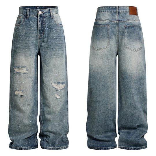 Damen Weite High‑Waist Denim-Palazzo-Jeans mit Destroyed-Details und Strassbesatz Nord Taschen