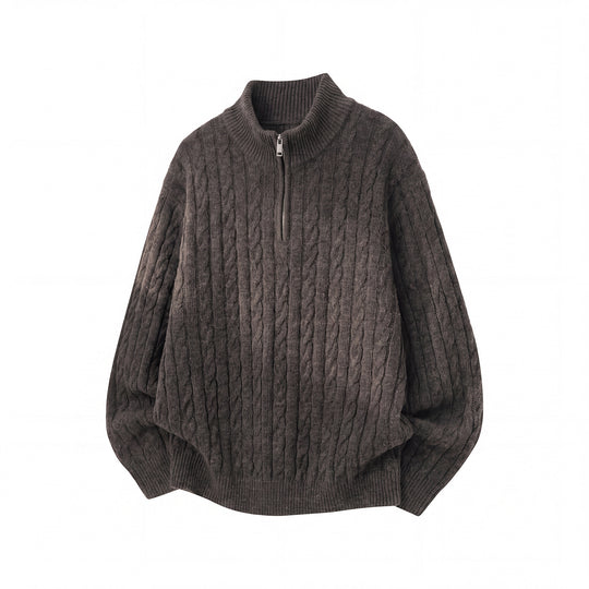 Unisex Lässiger Zopfmuster-Halbzip-Pullover mit hohem Rippkragen und Oversize-Schnitt Nord Taschen