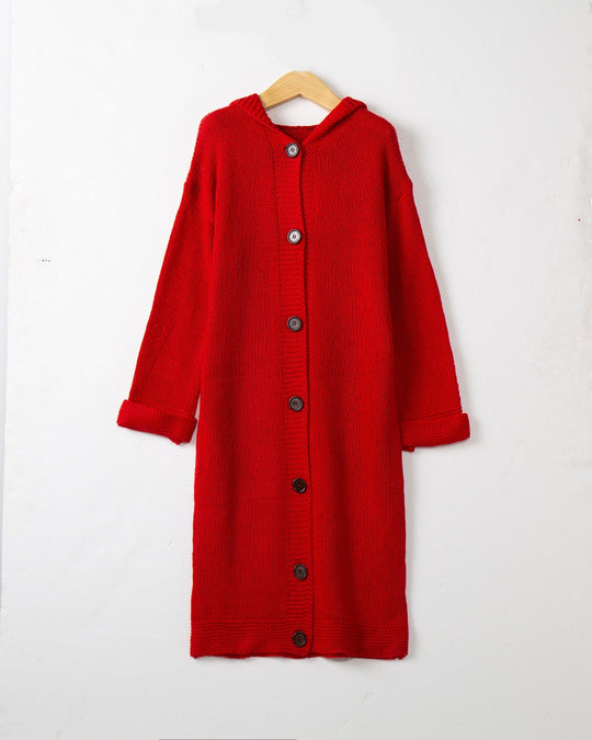 Damen Kapuzen-Longcardigan aus mitteldickem Rippstrick mit durchgehender Knopfleiste und lockerem Oversize-Schnitt Nord Taschen