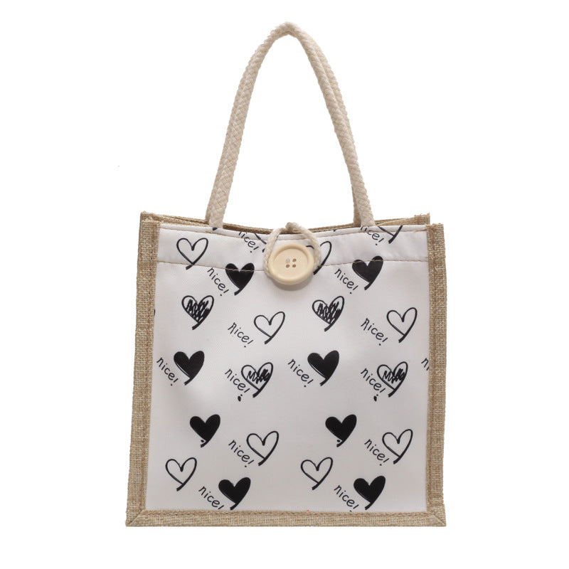 Damen Jute-Tragetasche mit verspieltem Herzdesign und Buttonverschluss Nord Taschen
