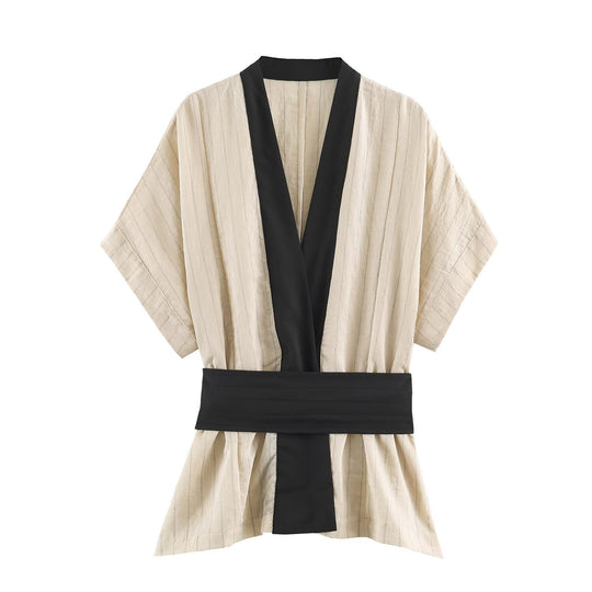 Damen Kimono-Wrap-Bluse mit Kontrastbesatz und Taillengürtel Nord Taschen