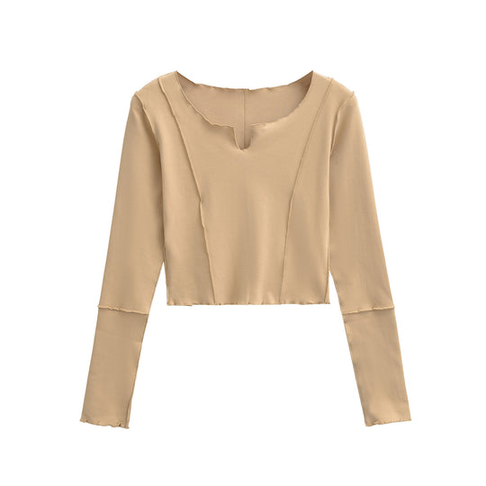 Damen Kurzes Langarmshirt mit sichtbaren Rollnähten und Notch-Ausschnitt Nord Taschen
