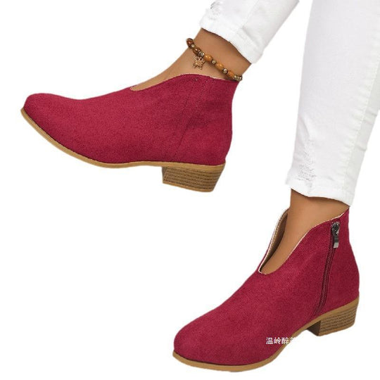 Damen Kurzschaft‑Stiefelette aus Veloursimitat mit V‑Ausschnitt und niedrigem Holzabsatz Nord Taschen