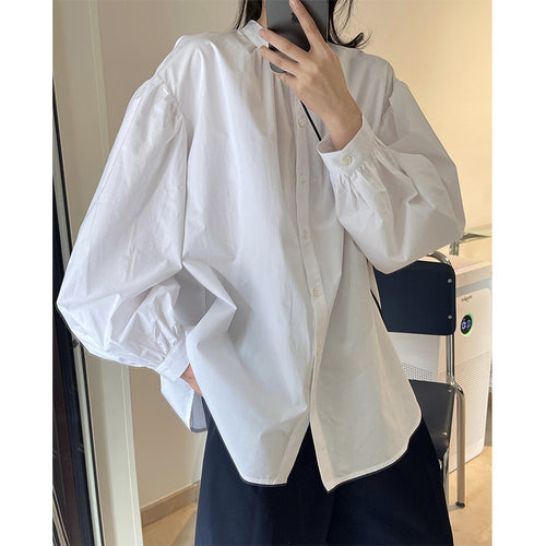 Damen Oversized-Baumwollbluse mit Stehkragen und Ballonärmeln Nord Taschen