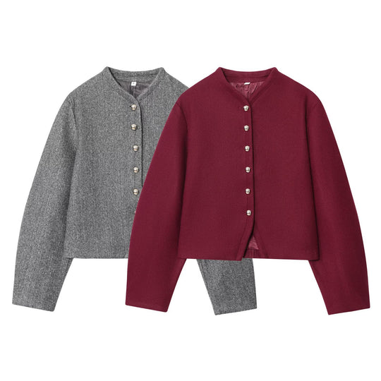 Damen Kurzjacke aus Wollmix mit Rundhals und Zierknopfleiste Nord Taschen