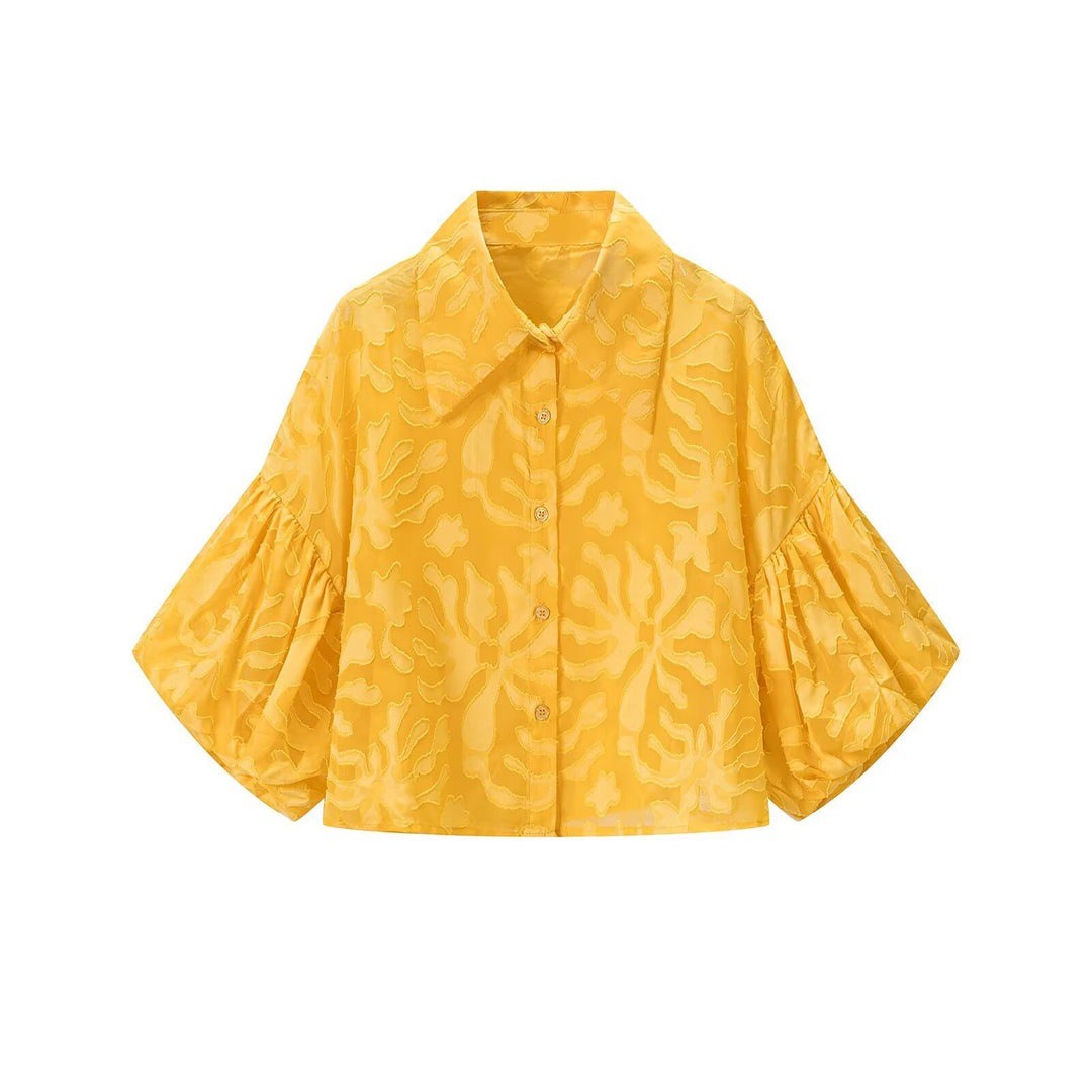 Damen Transparente Organza-Bluse mit weitem Schnitt, Volumenärmeln und Hemdkragen Nord Taschen