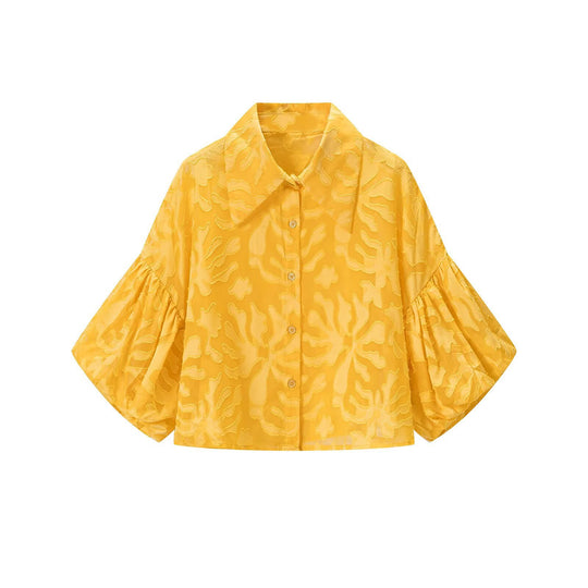Damen Transparente Organza-Bluse mit weitem Schnitt, Volumenärmeln und Hemdkragen Nord Taschen